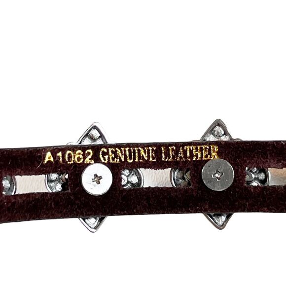 Brown Leather Bracelet w Rhinestone Fleur De Lis Rocker Chic Double Row Station - Picture 9 of 10